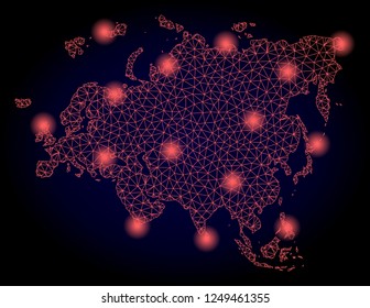 Mesh vector map of Europe and Asia with glare effect. Red abstract lines, light spots and points on a dark background with map of Europe and Asia.