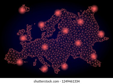 Mesh vector map of Europe with glare effect. Red abstract lines, light spots and points on a dark background with map of Europe.