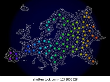 Mesh vector map of Europe with glare effect. Light spots have bright spectrum colors. Abstract lines, triangles, light spots and points on a dark background with map of Europe.