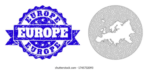 Mesh vector map of Europe with grunge seal stamp. Triangle network map of Europe is stencils in a circle. Blue rounded grunge seal stamp with ribbon.