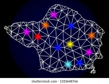 Mesh vector map of Faial Island with glare effect on a dark background. Abstract lines, triangles, light colored spots and points forms map of Faial Island.