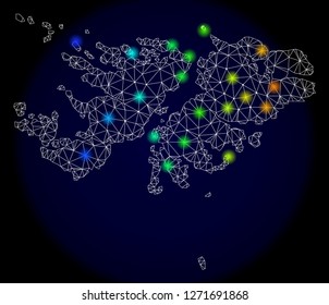Mesh vector map of Falkland Islands with glare effect. Light spots have bright spectrum colors. Abstract lines, triangles, light spots and points on a dark background with map of Falkland Islands.