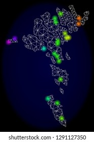 Mesh vector map of Faroe Islands with glare effect on a dark background. Light spots have bright spectrum colors. Abstract lines, triangles, light spots and points forms map of Faroe Islands.