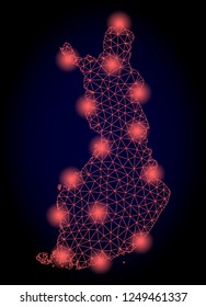 Mesh vector map of Finland with glare effect. Red abstract lines, light spots and points on a dark background with map of Finland.
