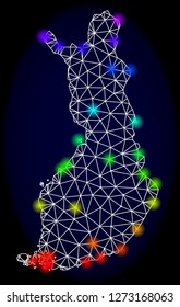 Mesh vector map of Finland with glare effect. Light spots have bright spectrum colors. Abstract lines, triangles, light spots and points on a dark background with map of Finland.