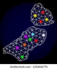 Mesh vector map of Flevoland Province with glare effect on a dark background. Abstract lines, triangles, light colorful spots and points forms map of Flevoland Province.
