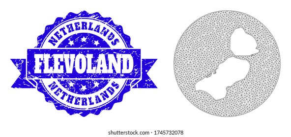 Mesh vector map of Flevoland Province with scratched watermark. Triangle mesh map of Flevoland Province is carved in a round shape. Blue round scratched watermark with ribbon.