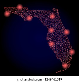 Mesh vector map of Florida State with glare effect. Red abstract lines, light spots and points on a dark background with map of Florida State.
