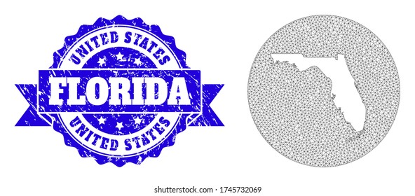 Mesh vector map of Florida State with grunge seal stamp. Triangle net map of Florida State is carved in a round shape. Blue round grunge watermark with ribbon.