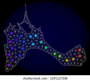 Mesh vector map of Formentera Island with glare effect on a dark background. Light spots have bright spectrum colors. Abstract lines, triangles, light spots and points forms map of Formentera Island.