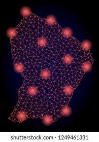 Mesh vector map of French Guiana with glare effect. Red abstract lines, light spots and points on a dark background with map of French Guiana.