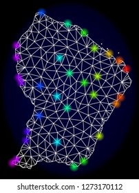 Mesh vector map of French Guiana with glare effect. Light spots have bright rainbow colors. Abstract lines, triangles, light spots and points on a dark background with map of French Guiana.