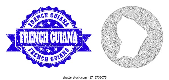 Mesh vector map of French Guiana with scratched seal stamp. Triangular mesh map of French Guiana is stencils in a circle. Blue rounded distress seal with ribbon.