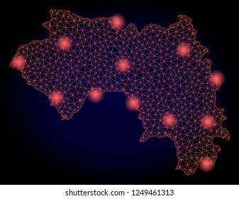 Mesh vector map of French Guinea with glare effect. Red abstract lines, light spots and points on a dark background with map of French Guinea.