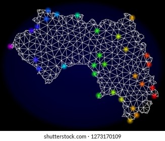 Mesh vector map of French Guinea with glare effect. Light spots have bright spectrum colors. Abstract lines, triangles, light spots and points on a dark background with map of French Guinea.