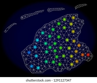Mesh vector map of Friesland Province with glare effect on a dark background. Light spots have bright spectrum colors. Abstract lines, triangles,