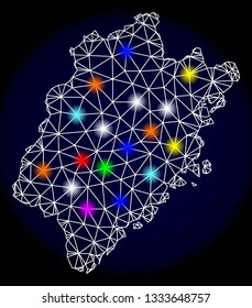 Mesh vector map of Fujian Province with glare effect on a dark background. Abstract lines, triangles, light colorful spots and points forms map of Fujian Province.