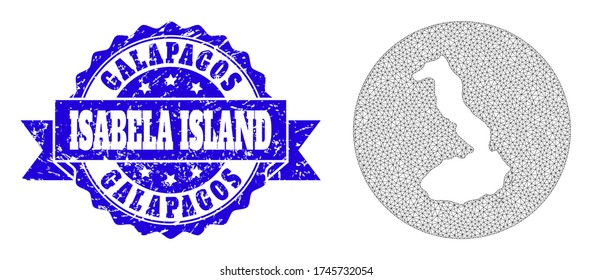 Mesh vector map of Galapagos - Isabela Island with scratched stamp. Triangle network map of Galapagos - Isabela Island is stencils in a round shape. Blue round scratched seal stamp with ribbon.
