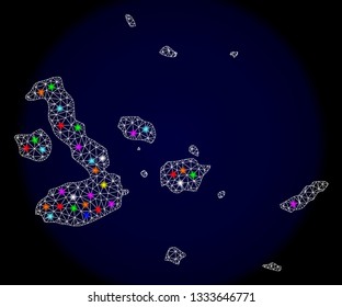 Mesh vector map of Galapagos Islands with glare effect on a dark background. Abstract lines, triangles, light colorful spots and points forms map of Galapagos Islands.