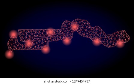 Mesh vector map of the Gambia with glare effect. Red abstract lines, light spots and points on a dark background with map of the Gambia.