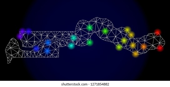 Mesh vector map of the Gambia with glare effect. Light spots have bright spectrum colors. Abstract lines, triangles, light spots and points on a dark background with map of the Gambia.