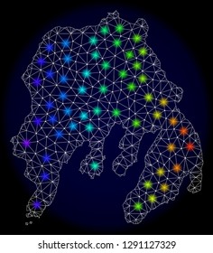 Mesh vector map of Gambier Island with glare effect on a dark background. Light spots have bright rainbow colors. Abstract lines, triangles, light spots and points forms map of Gambier Island.