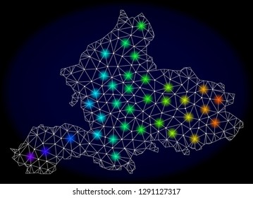 Mesh vector map of Gelderland Province with glare effect on a dark background. Light spots have bright spectrum colors. Abstract lines, triangles,