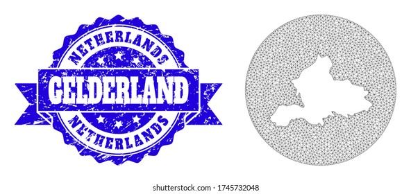 Mapa vectorial de malla de la provincia de Gelderland con sello de foca de grano. El mapa neto del triángulo de la provincia de Gelderland está aislado de un círculo. Sello de sello de textura azul con cinta.