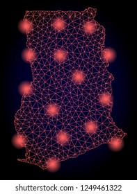 Mesh vector map of Ghana with glare effect. Red abstract lines, light spots and points on a dark background with map of Ghana.
