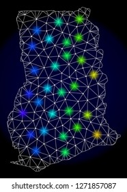 Mesh vector map of Ghana with glare effect. Light spots have bright spectrum colors. Abstract lines, triangles, light spots and points on a dark background with map of Ghana.