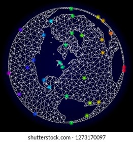 Mesh vector map of global ocean with glare effect. Light spots have bright rainbow colors. Abstract lines, triangles, light spots and points on a dark background with map of global ocean.