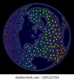 Mesh vector map of global ocean with glare effect on a dark background. Light spots have bright spectrum colors. Abstract lines, triangles, light spots and points forms map of global ocean.
