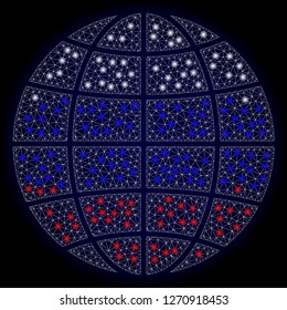 Mesh vector map of global world with glare effect in Russian official flag colors. Abstract lines, triangles, light spots and points on dark background with map of global world.