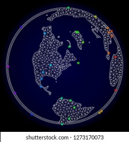 Mesh vector map of global world with glare effect. Light spots have bright rainbow colors. Abstract lines, triangles, light spots and points on a dark background with map of global world.