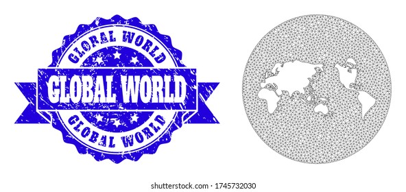Mesh vector map of global world with scratched stamp. Triangle mesh map of global world is cut out from a round shape. Blue rounded scratched seal stamp with ribbon.
