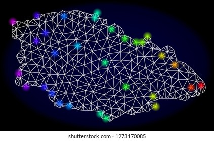 Mesh vector map of Gozo Island with glare effect. Light spots have bright spectrum colors. Abstract lines, triangles, light spots and points on a dark background with map of Gozo Island.