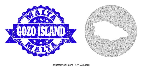 Mesh vector map of Gozo Island with grunge watermark. Triangular network map of Gozo Island is a hole in a circle. Blue rounded grunge watermark with ribbon.