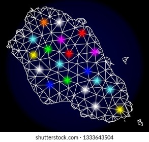 Mesh vector map of Graciosa Island with glare effect on a dark background. Abstract lines, triangles, light colorful spots and points forms map of Graciosa Island.