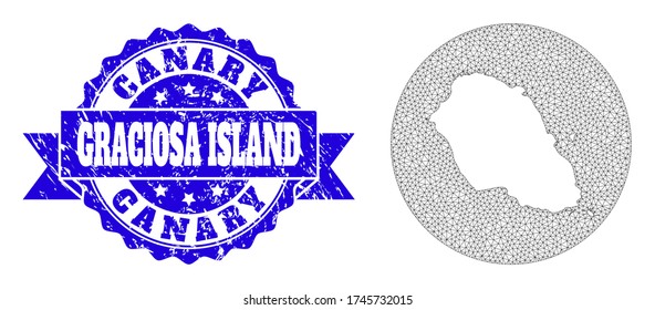 Mesh vector map of Graciosa Island with scratched seal stamp. Triangular mesh map of Graciosa Island is carved in a round shape. Blue round scratched seal stamp with ribbon.