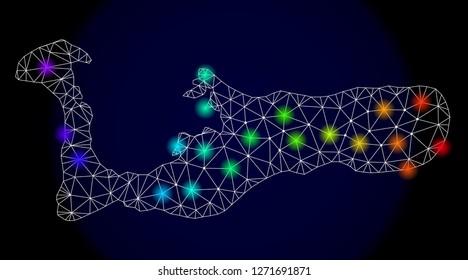 Mesh vector map of Grand Cayman Island with glare effect. Light spots have bright spectrum colors. Abstract lines, triangles,