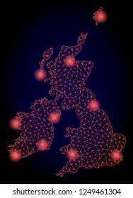 Mesh vector map of Great Britain and Ireland with glare effect. Red abstract lines, light spots and points on a dark background with map of Great Britain and Ireland.