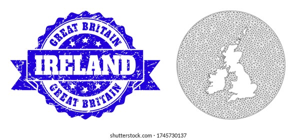 Mesh vector map of Great Britain and Ireland with grunge seal. Triangular mesh map of Great Britain and Ireland is a hole in a circle. Blue round distress seal stamp has ribbon.