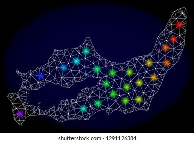 Mesh vector map of Great Inagua Island with glare effect on a dark background. Light spots have bright rainbow colors. Abstract lines, triangles,
