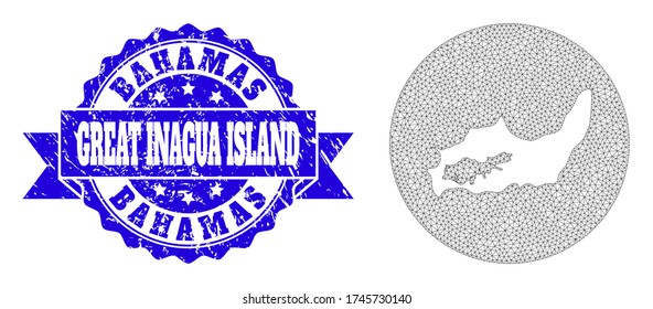 Mapa vectorial de malla de la Gran Isla de Inagua con sello de foca rayado. Mapa de malla triangular de la Gran Isla de Inagua invertido en un círculo. Sello de sellado de socorro de rosette azul con cinta adhesiva.