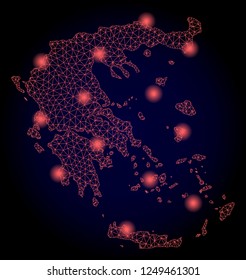 Mesh vector map of Greece with glare effect. Red abstract lines, light spots and points on a dark background with map of Greece.