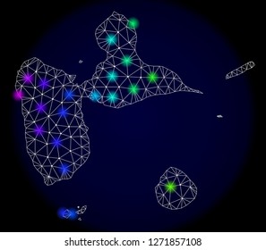 Mesh vector map of Guadeloupe with glare effect. Light spots have bright spectrum colors. Abstract lines, triangles, light spots and points on a dark background with map of Guadeloupe.