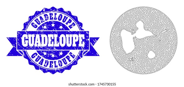 Mesh vector map of Guadeloupe with grunge seal stamp. Triangle mesh map of Guadeloupe is stencils in a round shape. Blue rosette grunge stamp with ribbon.