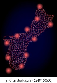 Mesh vector map of Guam Island with glare effect. Red abstract lines, light spots and points on a dark background with map of Guam Island.