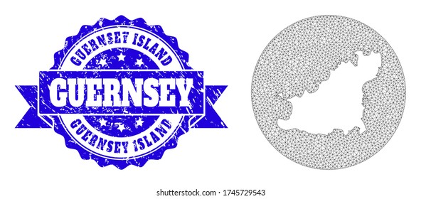 Mesh vector map of Guernsey Island with scratched seal. Triangle mesh map of Guernsey Island is a hole in a round shape. Blue round textured seal stamp with ribbon.