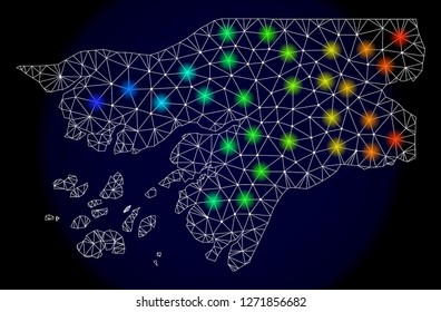 Mesh vector map of Guinea-Bissau with glare effect. Light spots have bright spectrum colors. Abstract lines, triangles, light spots and points on a dark background with map of Guinea-Bissau.